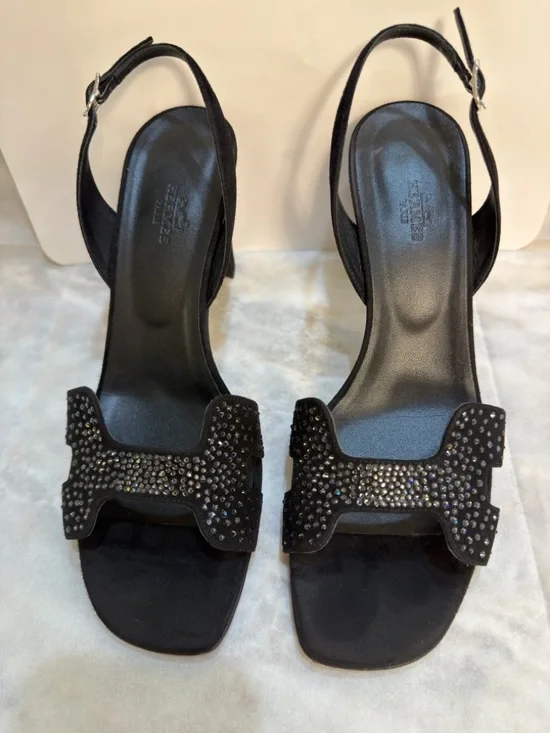 Hermes Black Suede Crystal Embellished Slingback H Sandals Size 39,9 (US 9,5) - Picture 3 of 17